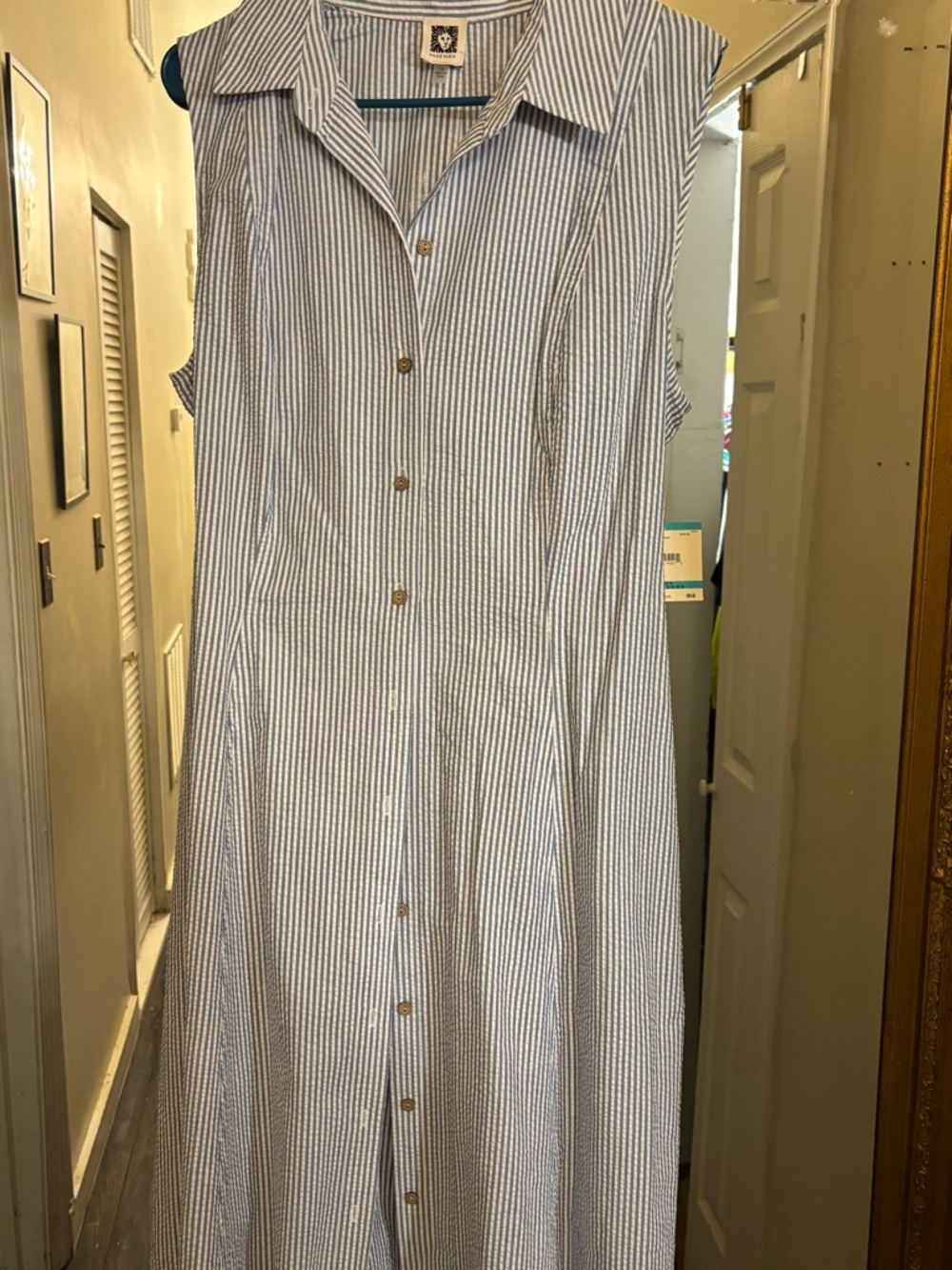 Anne Klein Blue & White Sleeveless Striped Shirt Dress